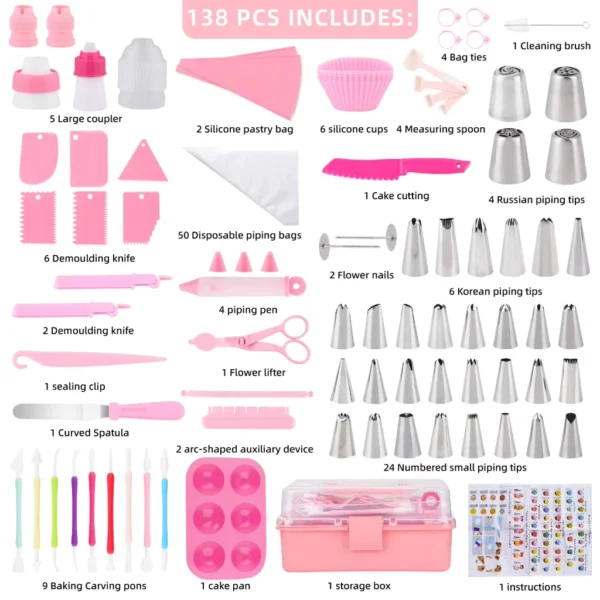 my-11134207-7rasd-mbw1z0b0fsd383.webp 138 Piece PINK Baking Kit Complete Cake Decorating Set Russian Nozzles Silicone Bags Tools