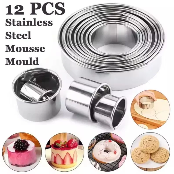12pcs Set Stainless Steel Round Cutter Cookie Moulds Mousse Cake Ring Biscuit Cutting  Baking Tools