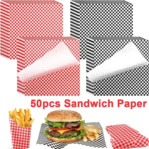 50PCS Checkboard Food Grade Wax Paper Food Wrapping Paper Fried Food Anti Oil Pad Paper Baking Paper