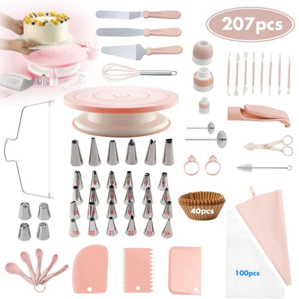 207pcs Cake Decoration Baking Tool Set DIY Cake Cookie Making with Turntable Piping Nozzle  Scrapers