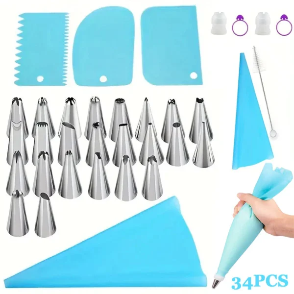 34PCS DIY Cake Decorating Set 24PCS Piping Nozzles EVA Buttercream Piping Bag Complete Baking Tools