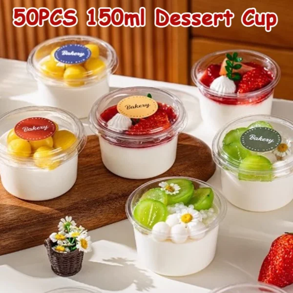 50PCS 150ml Transparent Plastic Dessert Cup Cake Cup with Lid Tiramisu Pudding Jelly